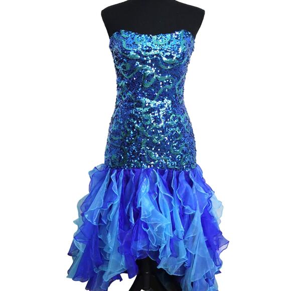 Vienna Blue Strapless Dress Sequin Chiffon Tiered Ruffled Bottom Hi Low Gown 6 - Picture 14 of 14